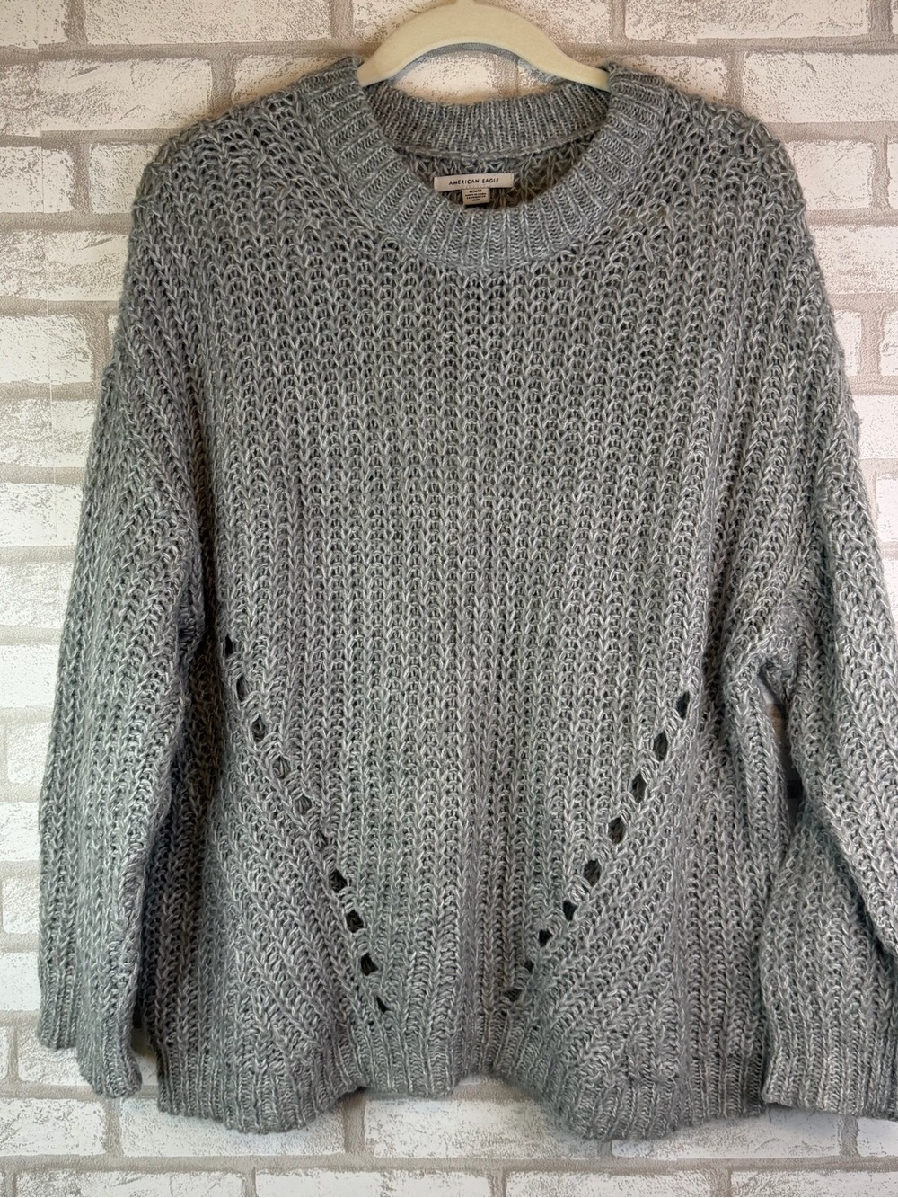 American Eagle Outfitters Heather Gray Openwork Crewneck Sweater